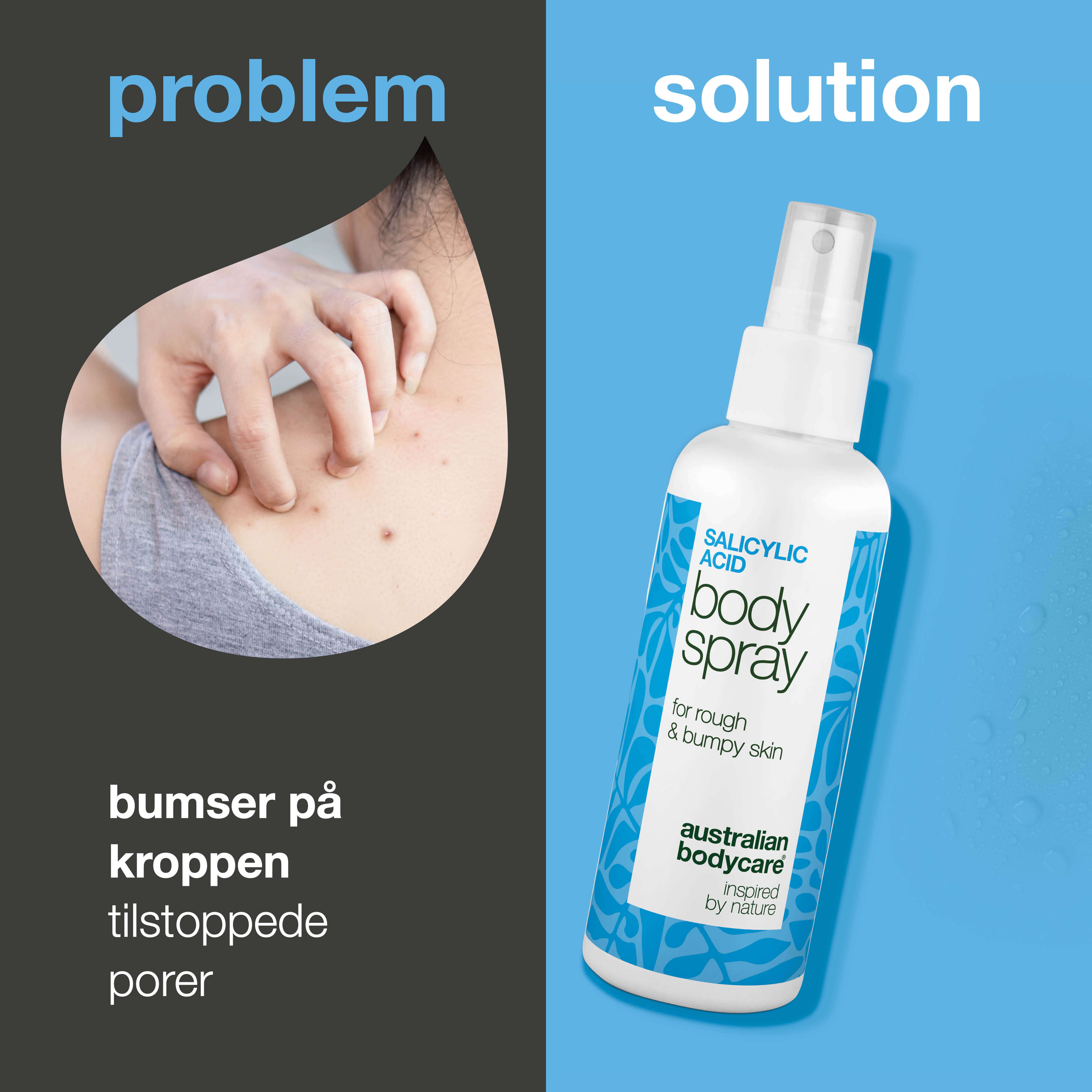 Salicylsyre spray mod bumser og uren hud på kroppen — Salicylsyre spray mod bumser og uren hud. Indeholder salicylsyre og glycolic acid, der renser porer og giver smuk hud.