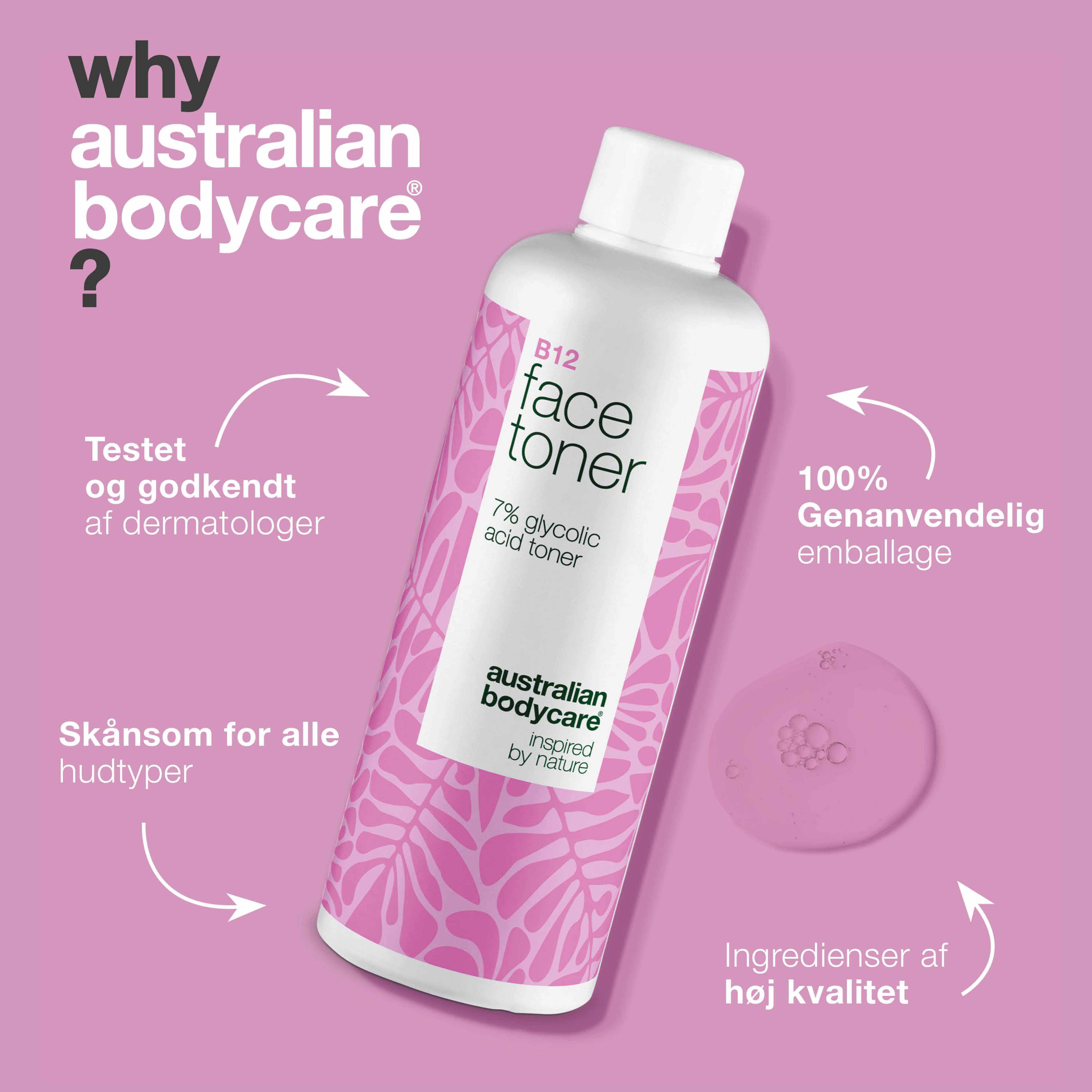 Ansigtstoner med B12 og 7% Glycolic Acid for jævn hudtone — Eksfolierende toner med B12 og 7% Glycolic Acid – fjerner døde hudceller, giver ny glød og fremmer en jævn hudtone.