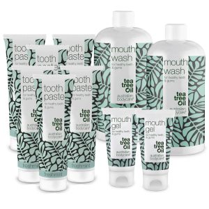 XL Mundpakken med Tea Tree Oil mundprodukter — 10 mundprodukter til pleje ved paradentose, svamp og blødende tandkød