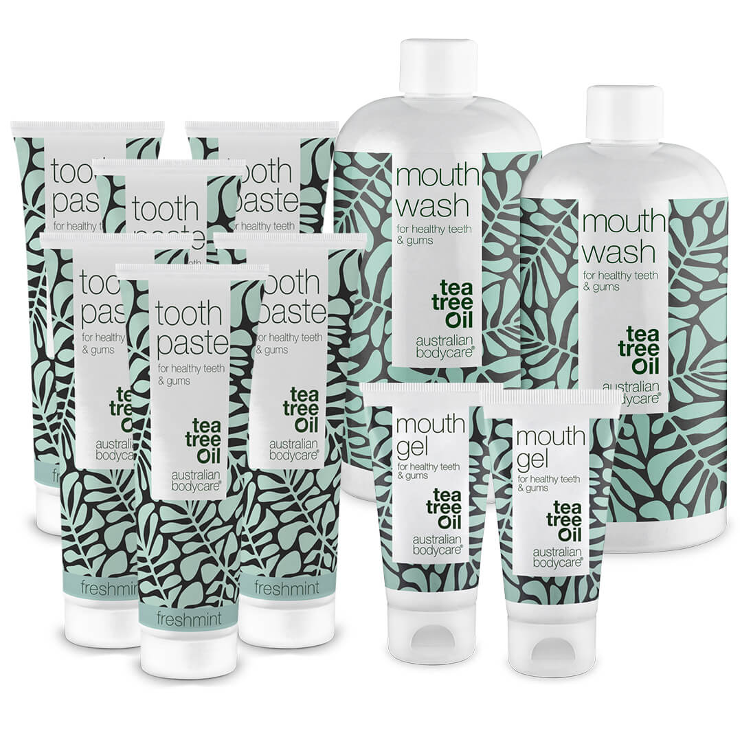 XL Mundpakken med Tea Tree Oil mundprodukter — 10 mundprodukter til pleje ved paradentose, svamp og blødende tandkød