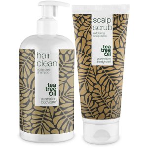 2 produkter til fedtet hår — Tea Tree Shampoo og scrub til fedtet hovedbund og hår