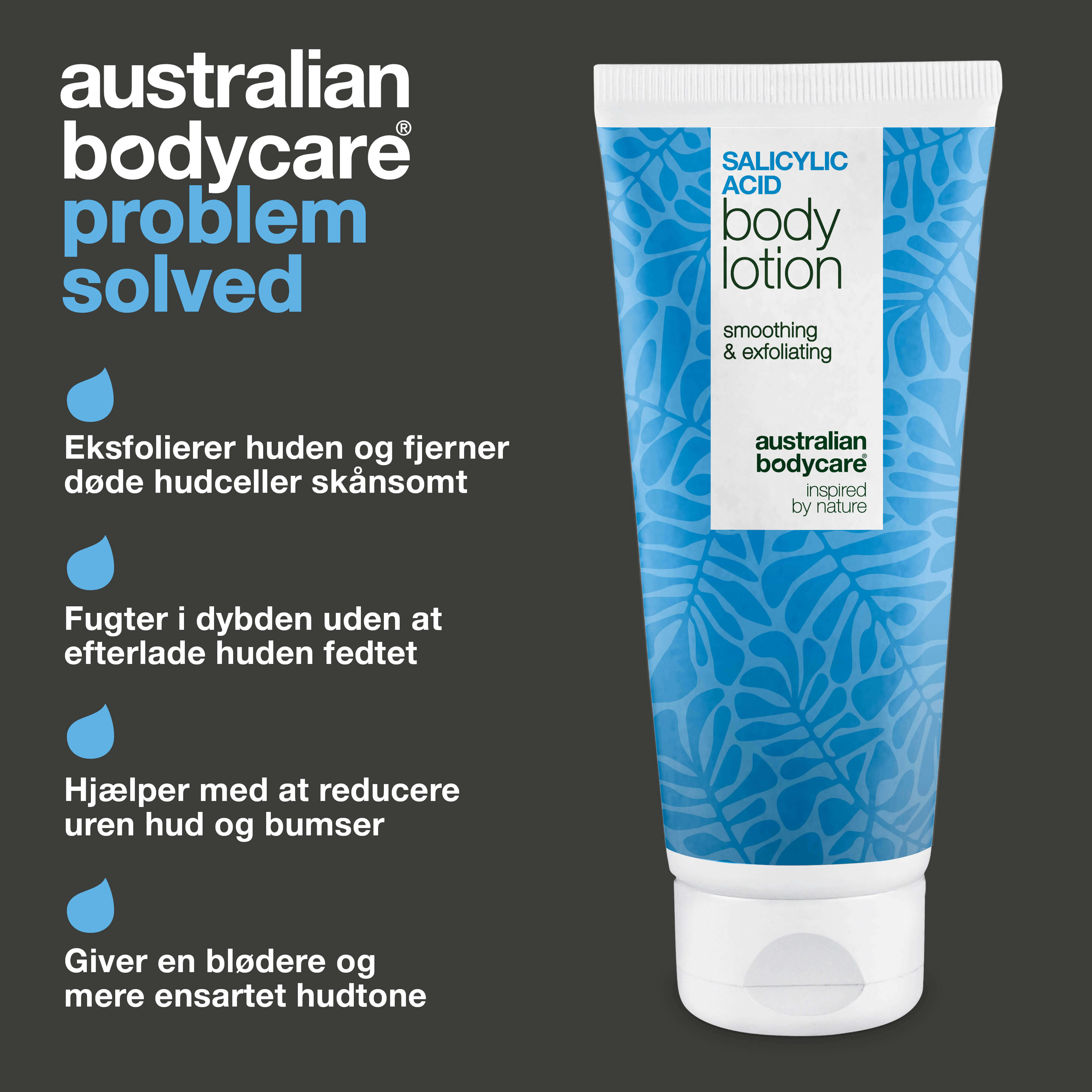 Bodylotion med salicylsyre – mod bumser og tør hud — Bodylotion med salicylsyre eksfolierer, fugter og reducerer bumser, uren hud og tørre områder. Perfekt til daglig hudpleje.