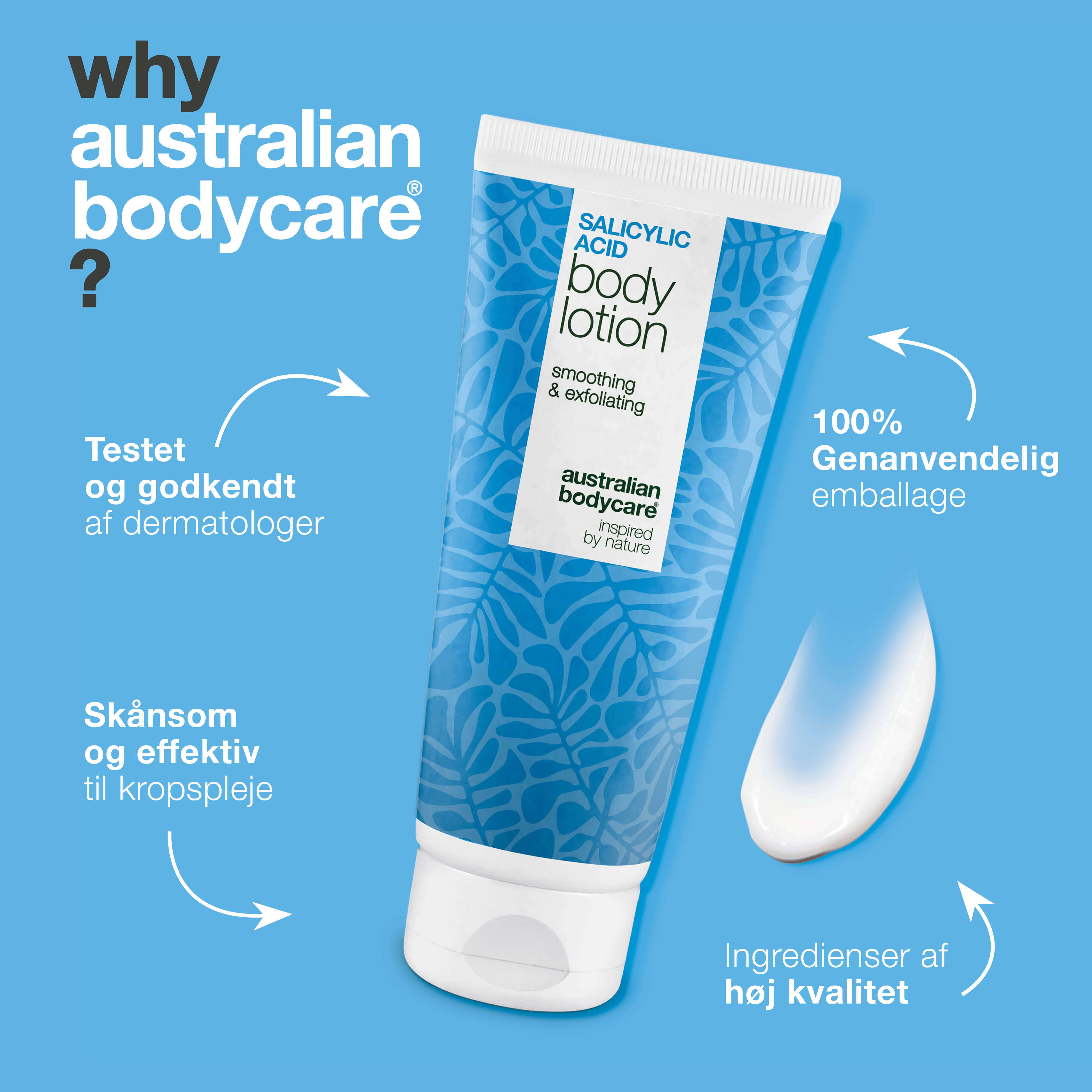 Bodylotion med salicylsyre – mod bumser og tør hud — Bodylotion med salicylsyre eksfolierer, fugter og reducerer bumser, uren hud og tørre områder. Perfekt til daglig hudpleje.