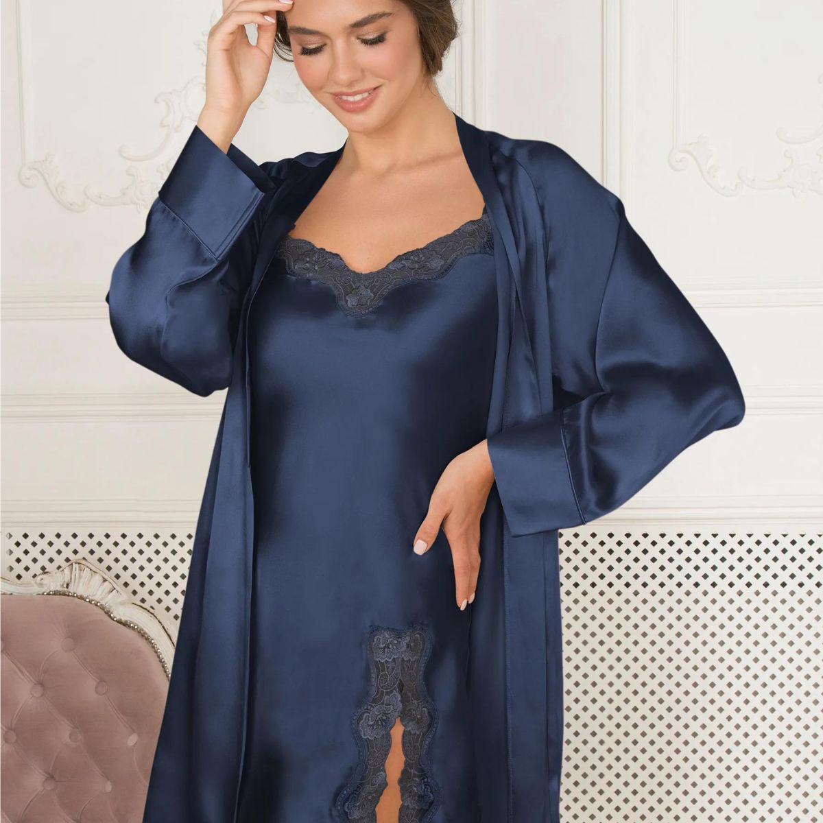 Lady Avenue Silk Jersey natkjole, blå