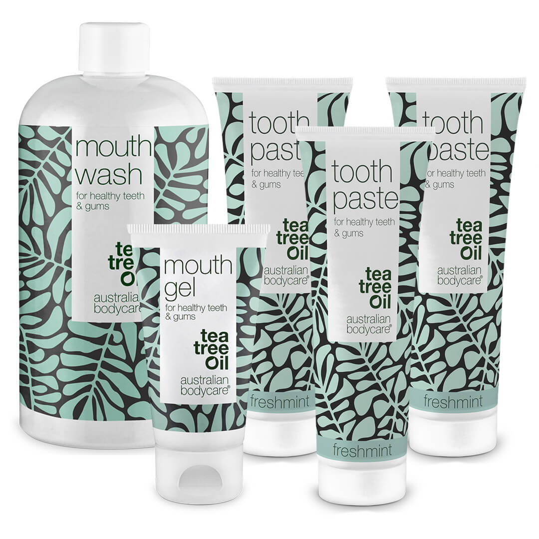 Mundpleje 5 produkter med Tea Tree Oil — Til tandkødsbetændelse & pleje ved svamp i mund & på tunge