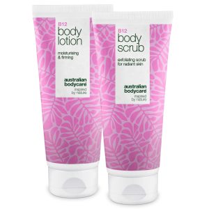 B12 hudplejesæt til tør hud – Eksfoliering & dybdevirkende fugtpleje — Fugtgivende B12 Body Scrub & Lotion til tør og sensitiv hud.