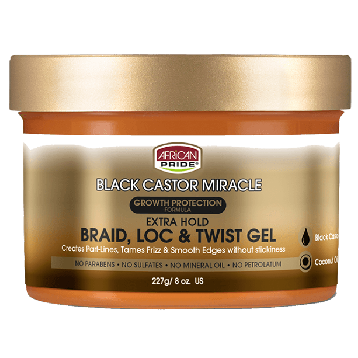 African Pride Black Castor Miracle Extra Hold Braid, Loc & Twist Gel 227gr