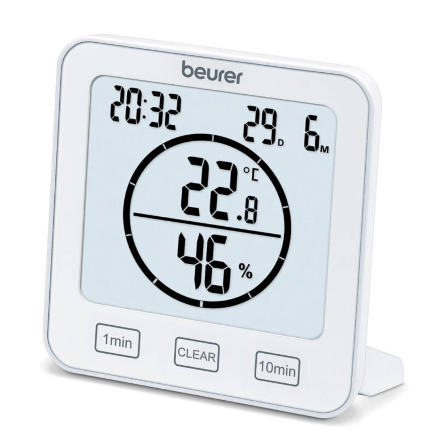 Hygrometer med ur, timer og temperaturmåling
